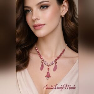 Hand Crafted Pink Pearl Necklace with Flower & Leaf Accents & Arabesque Beads